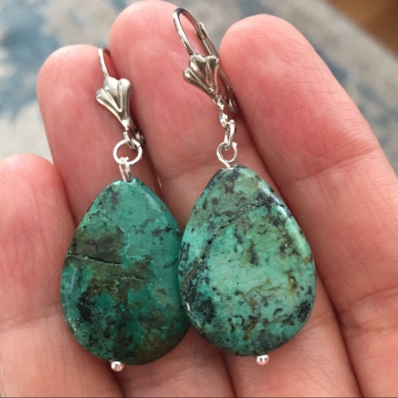 Natural chrysocolla silver tone drop earrings - Picture 3 of 7